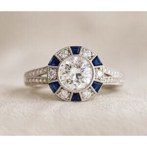 Art Deco Sapphire Halo Ring 925 Sterling Silver CZ Engagement Milgrain Sz 7